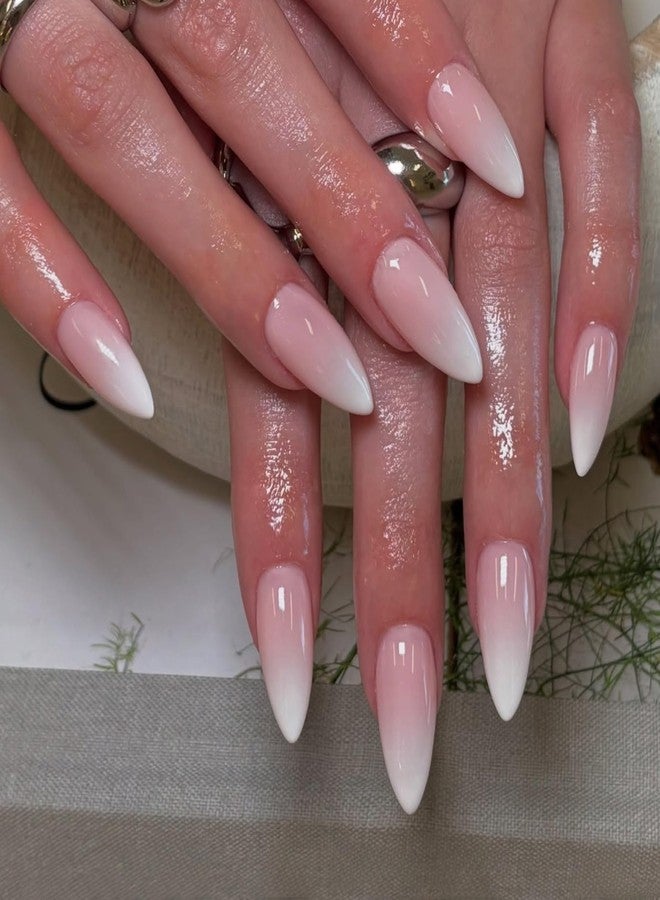 KXAMELIE Gradient Pink Press on Nails Almond Shape Medium Length - Neutral Acrylic Fake Nails for Women, Glue on Stiletto False Nails, Ombre Pink Gel Artificial Nails - Image 2